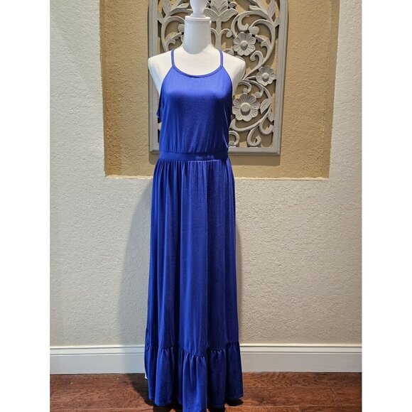Old Navy Women's Boho Cami, Halter Blue Maxi Dress Size L W Ruffle Hem - Picture 1 of 7